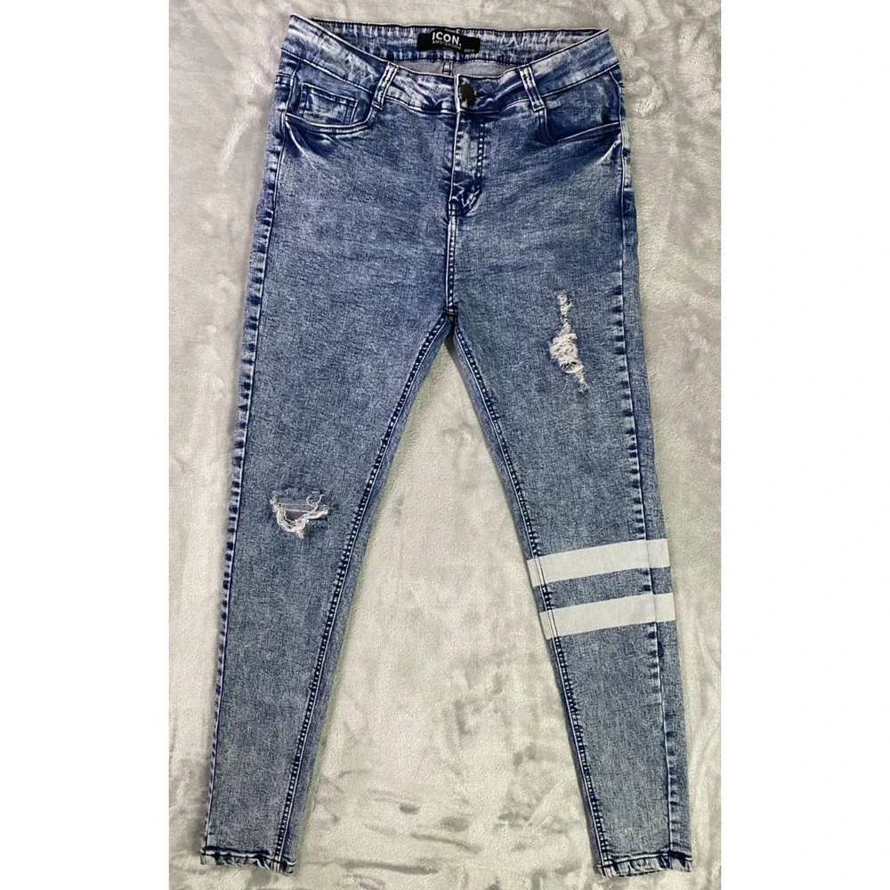 Icon‎ Amsterdam The Glitch Skinny Jeans Men 32 Blue Acid Wash Distressed Stripes